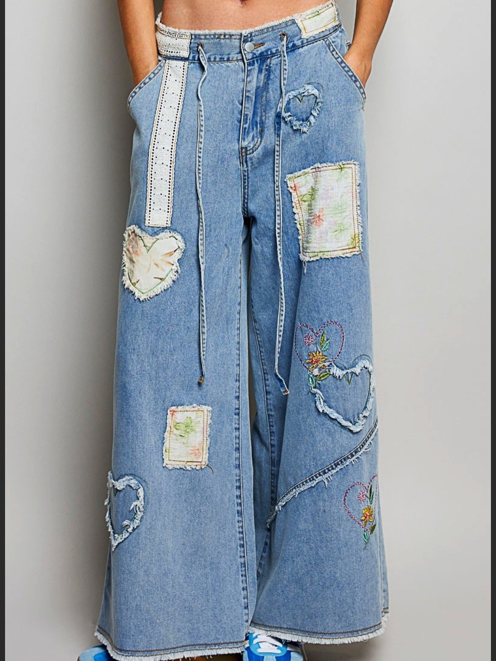 POL Wide-Leg Patchwork Jeans with Heart Accents